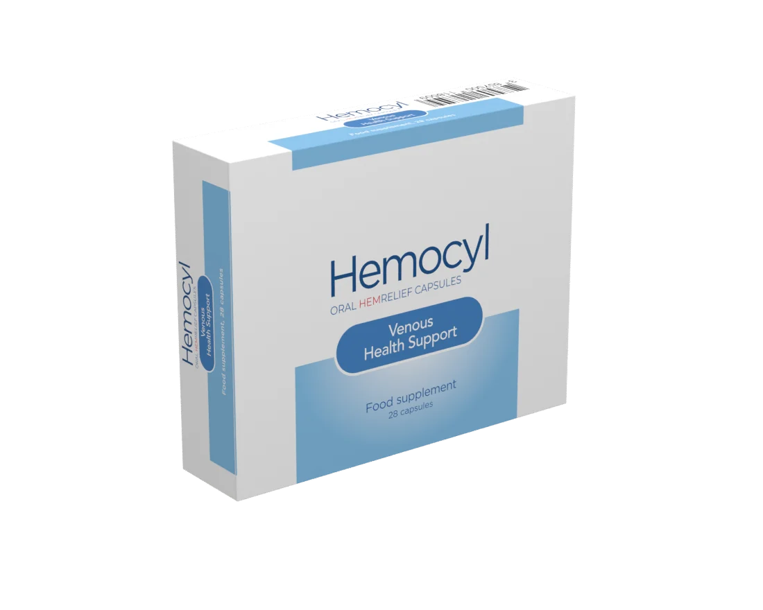 Hemocyl oral capsules packaging, three-quarter view